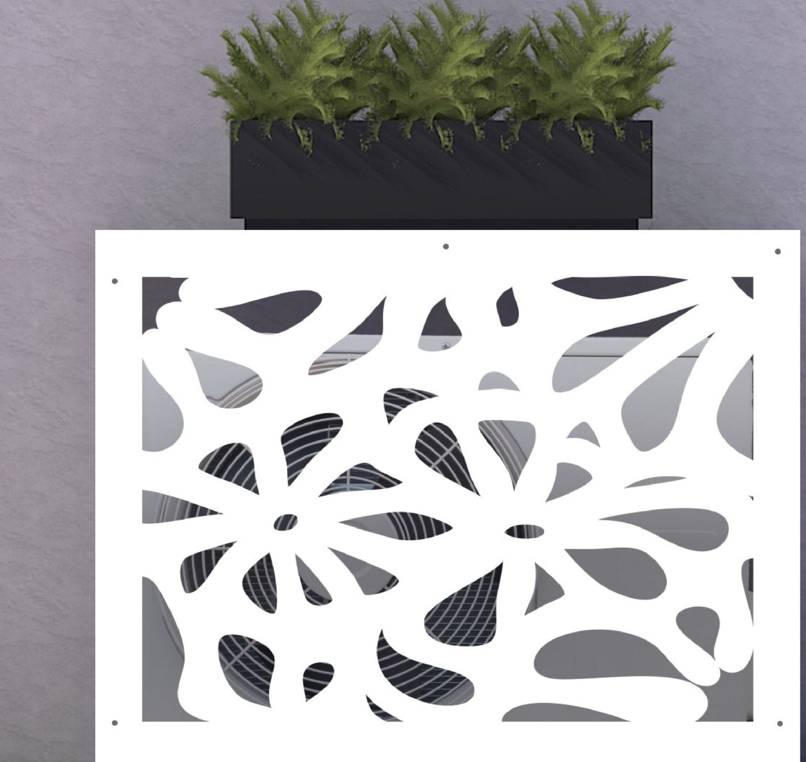 Cache-climatisation sur-mesure en aluminium composite, design Marguerite découpé