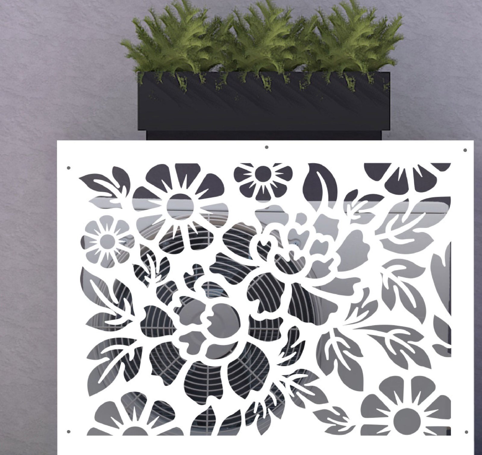 Cache-climatisation sur-mesure en aluminium composite, design Fleurs découpé