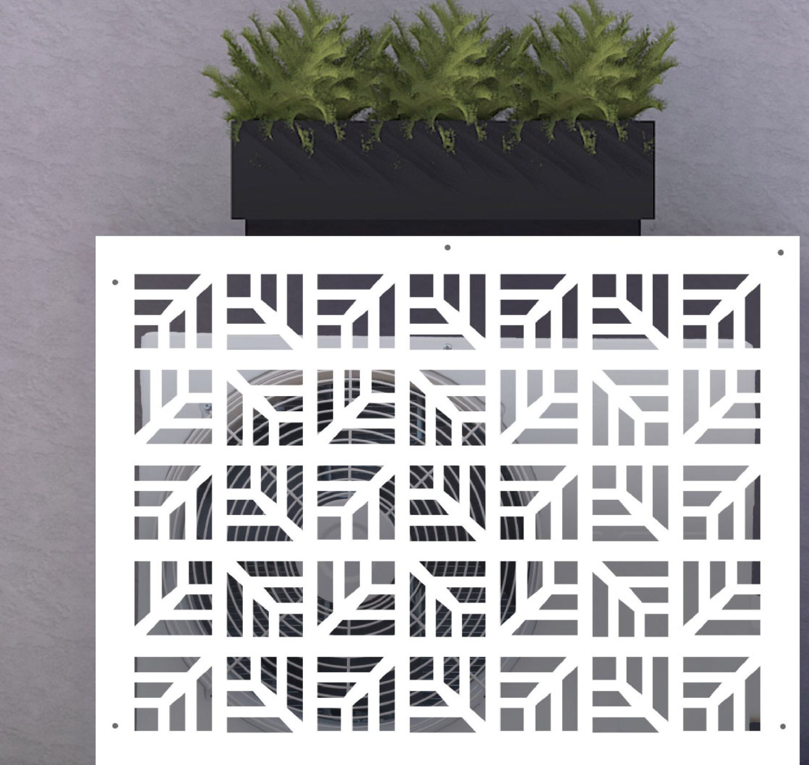 Cache-climatisation sur-mesure en aluminium composite, design Mosaïque découpé