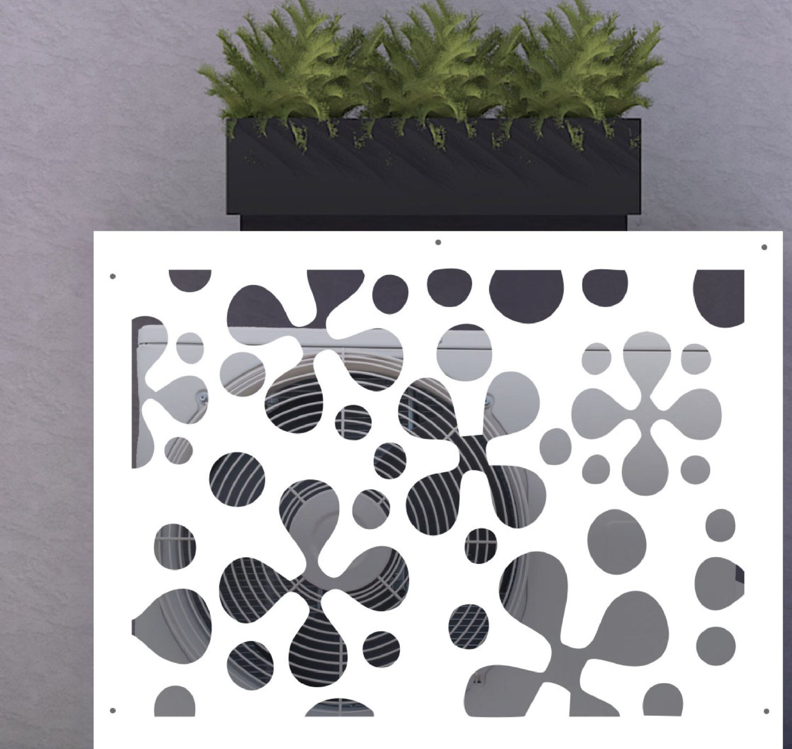 Cache-climatisation sur-mesure en aluminium composite, design Trèfle découpé