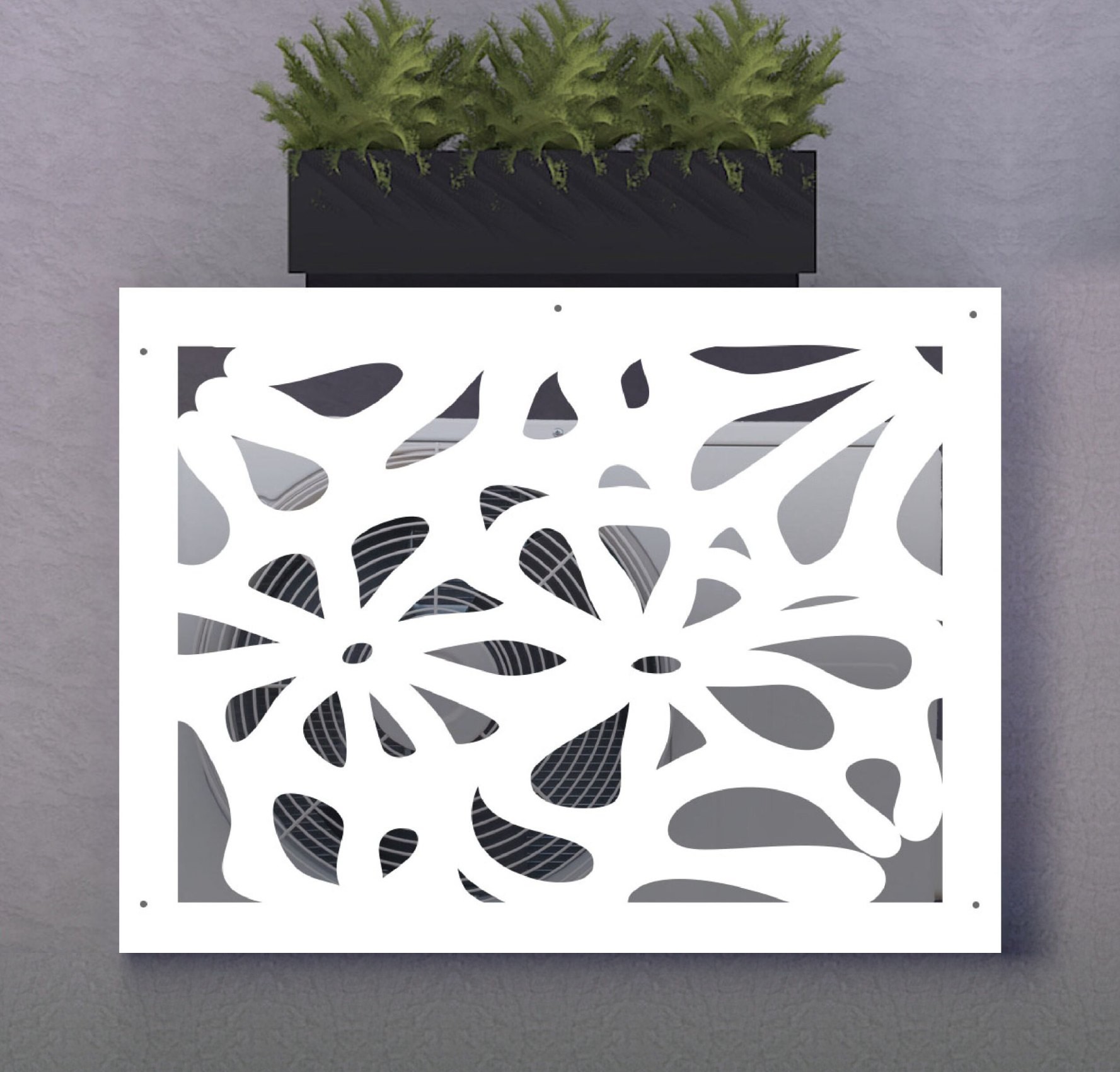 Cache-climatisation sur-mesure en aluminium composite, design Marguerite découpé