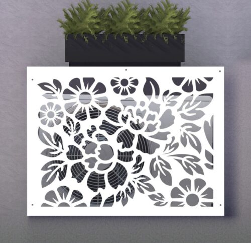 Cache-climatisation sur-mesure en aluminium composite, design Fleurs découpé